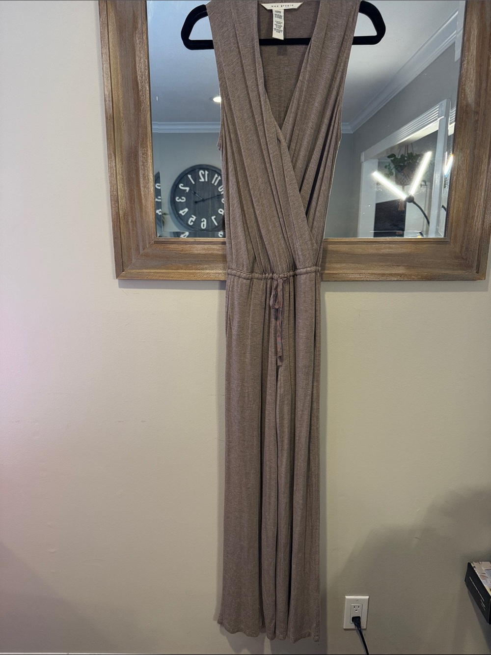 Max Studio Taupe Sleeveless Wrap Jumpsuit with Drawstring Waist